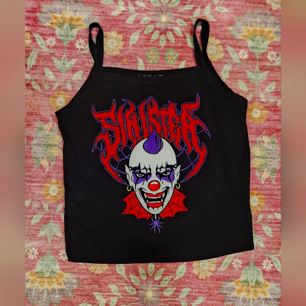 Dollskill Black Tank Top with Clown Graphic